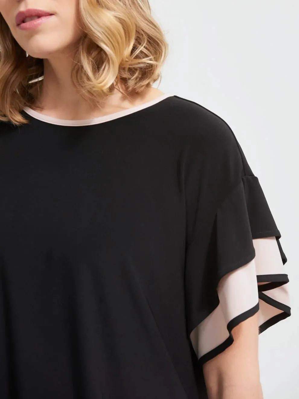 Black and Sand Ruffled Short - Sleeve Top