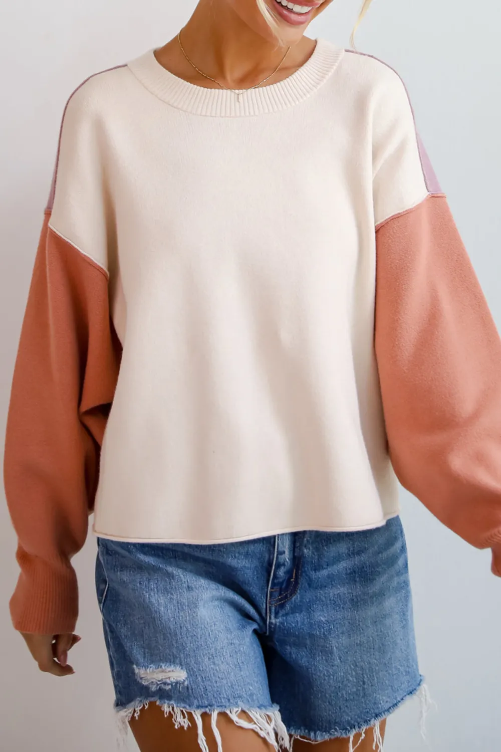 Complete Sophisticate Cream Color Block Sweater