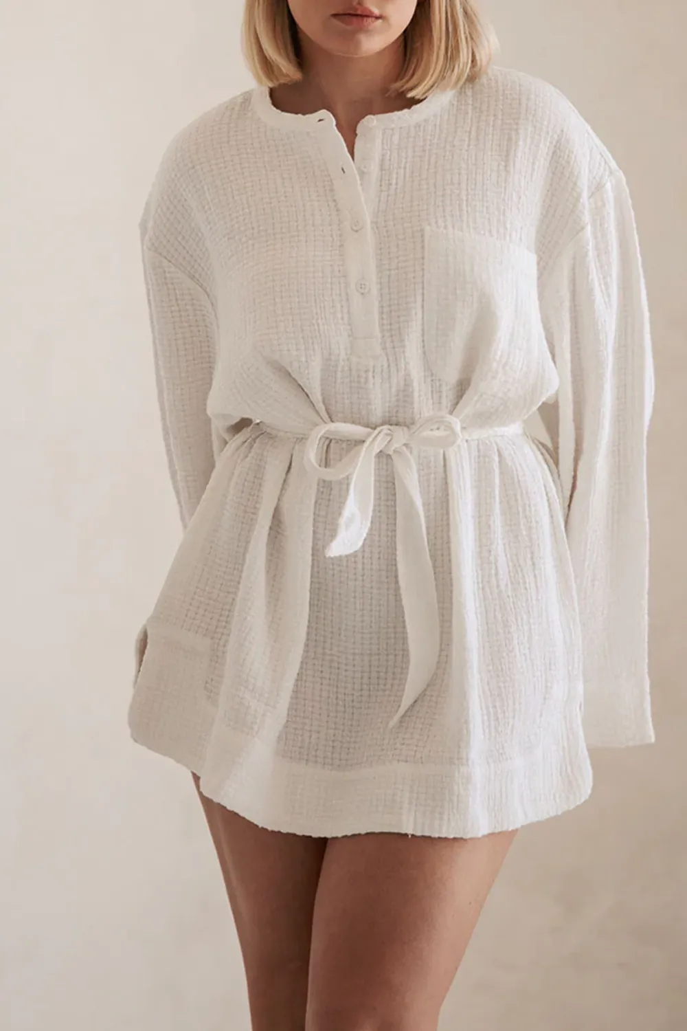 Long Sleeve Button Up Belted Mini Dress