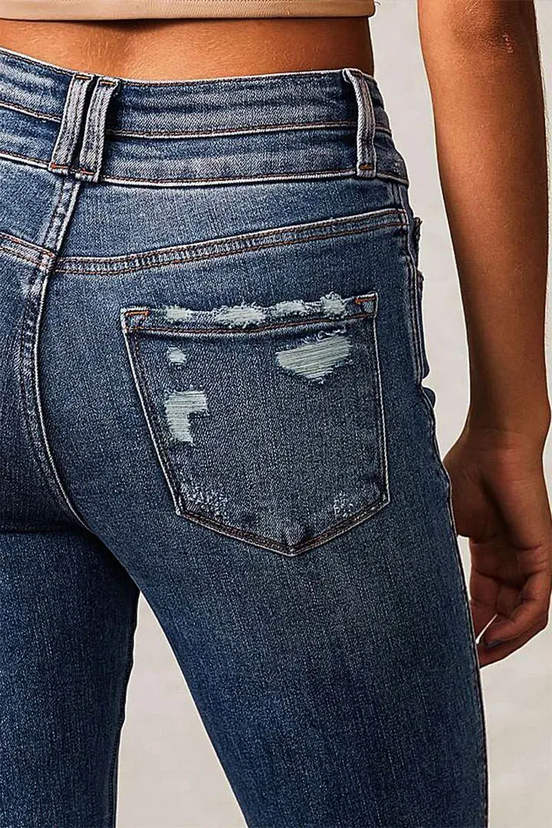 Dual Button Ripped Raw Hem High Rise Bootcut Jeans