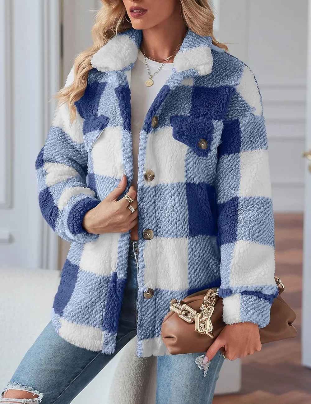 Women's Fleece Plaid Jacket Coats Button Down Lapel Sherpa Shacket Outwear with Pockets