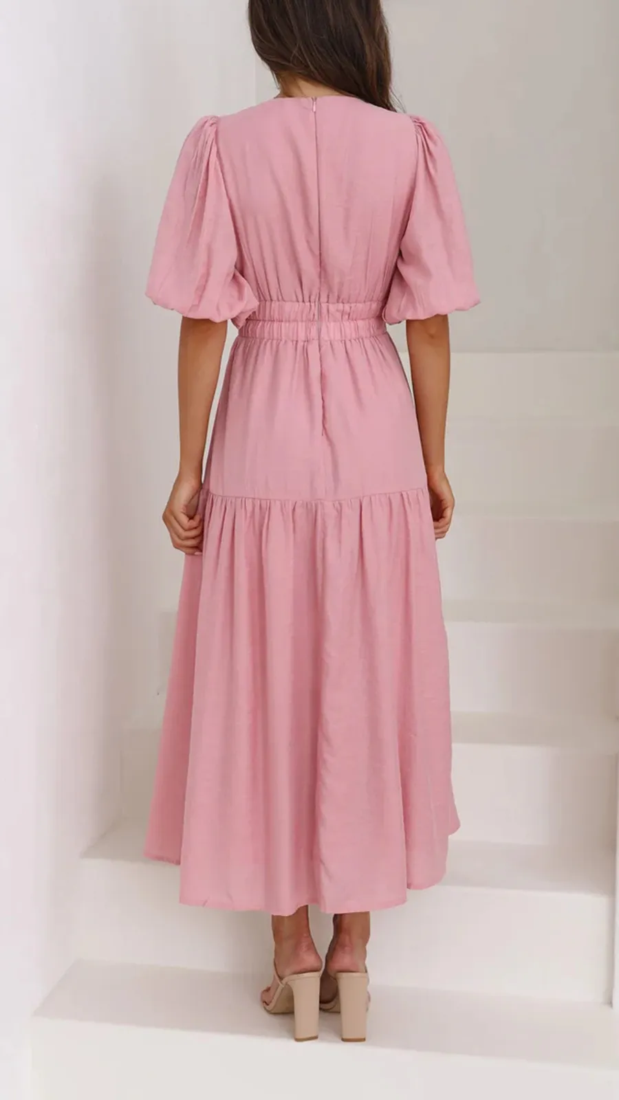 Solid Color Puffy Midi Dress