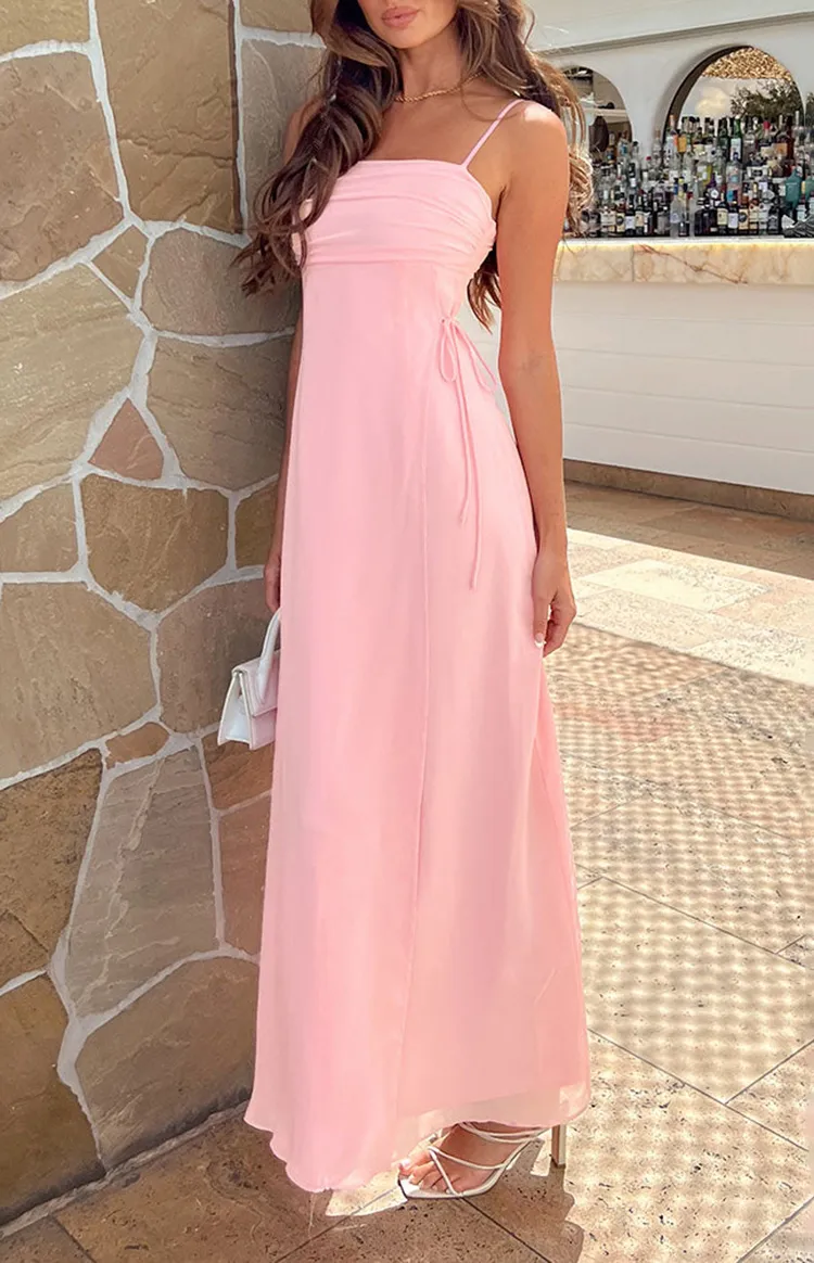Pink Long Sleeve Sheer Maxi Dress