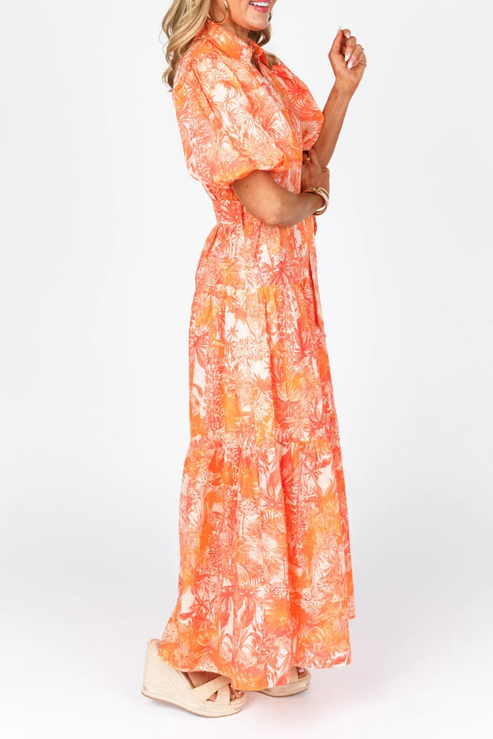 Orange Puff Sleeve Tie-Waist Midi Dress