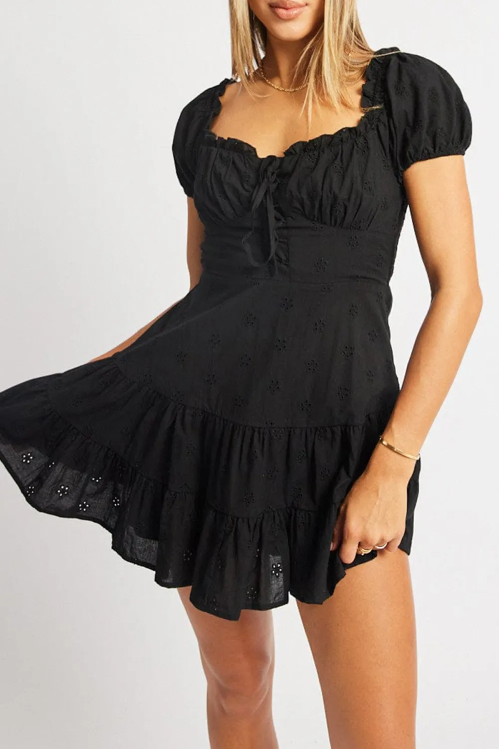 Black Fit And Flare Dress Short Sleeve Eyelet Fabric