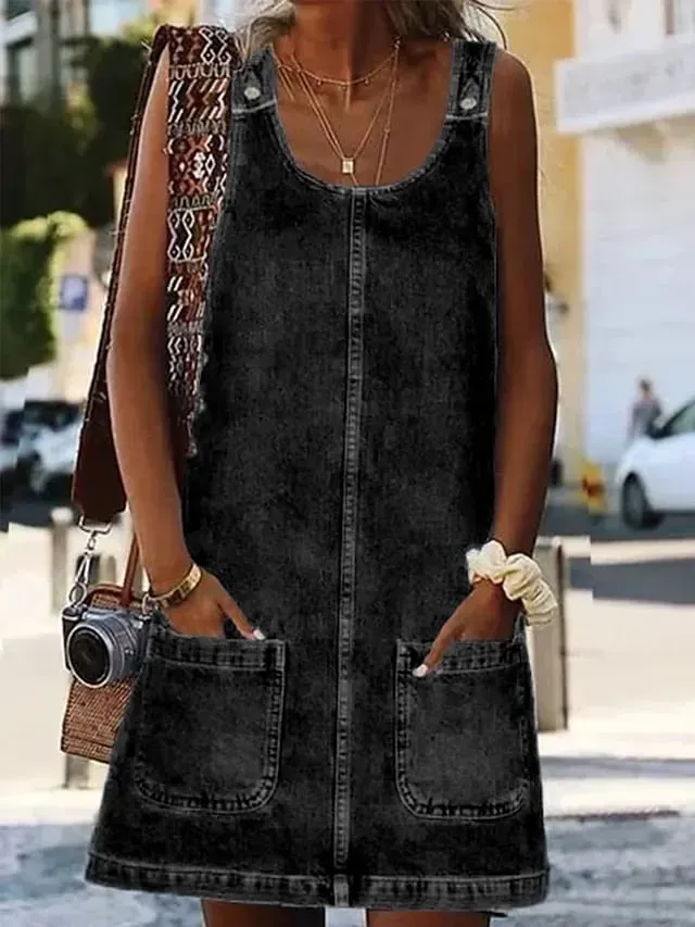 Women's Casual Dress Shift Dress Denim Overall Pinafore Dress Mini Dress Denim Fashion Modern Outdoor Daily Vacation U Neck Pocket Sleeveless Summer Spring 2023 Regular Fit Black Blue Gray Plain S M