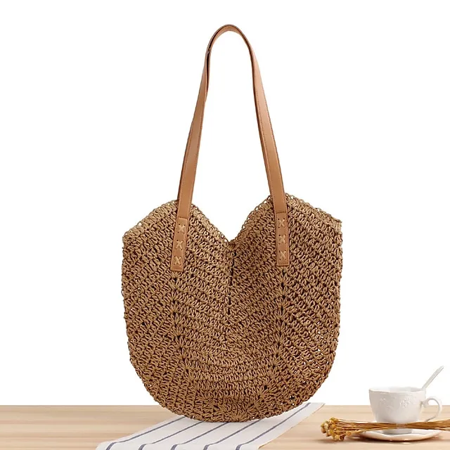 Women's Tote Crossbody Bag Straw Daily Going out Solid Color Dark Brown Beige