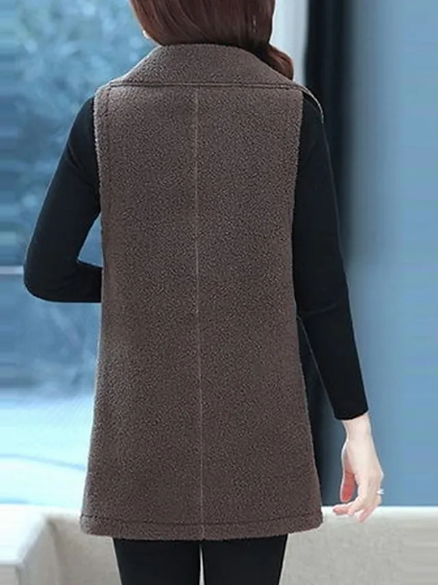 Women's Teddy Vest Long Teddy Coat Fall Sherpa Jacket Fleece Warm Zipper Vest with Pockets Winter Long Coat Windproof Warm Modern Style Sleeveless Plain Pink Red Khaki
