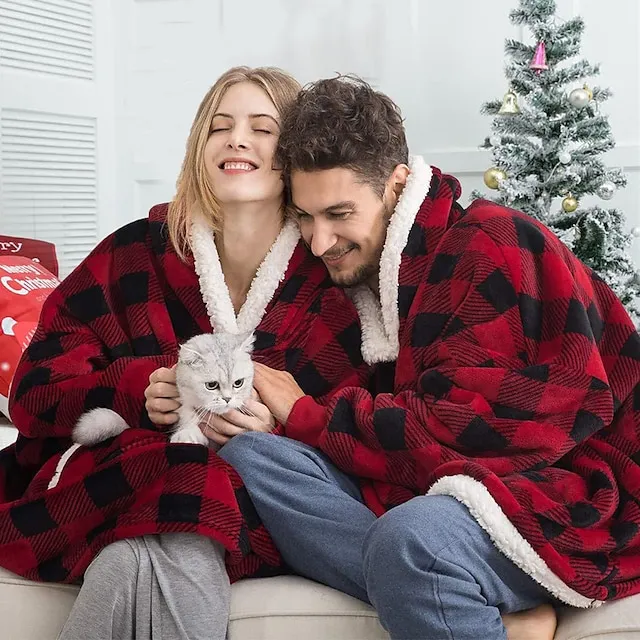 Women's Christmas Couple‘s Pajamas Nightgown Hoodie Blanket Wearable Blanket Grid / Plaid Pure Color Plush Simple Comfort Xmas Home Party Fleece Warm Gift Patchwork Pocket Fall Winter Black Gray