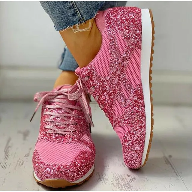 Women's Trainers Athletic Shoes Sneakers Sequins Plus Size Bling Bling Sneakers Outdoor Daily Summer Sequin Platform Flat Heel Round Toe Sporty Classic Casual Tennis Shoes Walking Mesh Lace-up Color