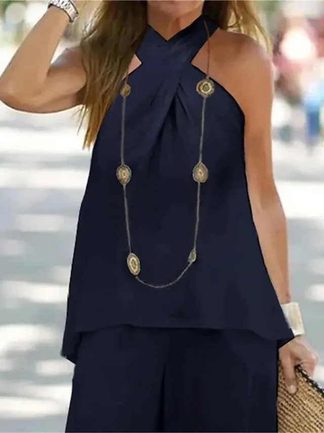 Women's Loungewear Sets Pure Color Simple Casual Comfort Street Daily Date Polyester Breathable Halter Sleeveless Tank Top and Wide Leg Pants Summer Spring White Navy Blue