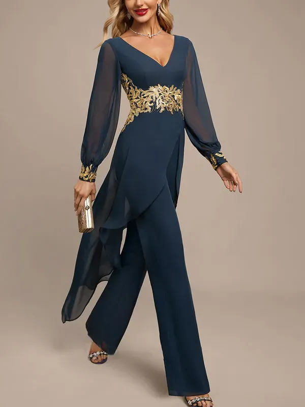 Jumpsuit/Pantsuit Separates V-Neck Floor-Length Chiffon Evening Dress With Appliques Lace