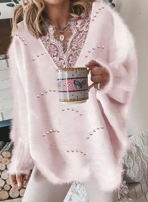 V-neckline Solid Color Casual Lace H-line Sweaters