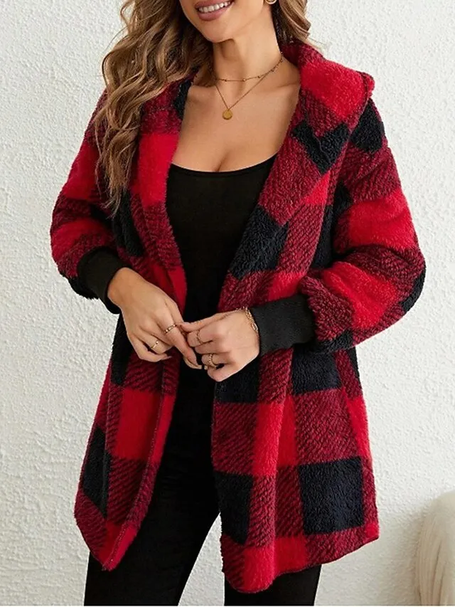Women's Fleece Jacket Teddy Coat Hoodie Jacket Warm Breathable Street Daily Wear Vacation Going out Pocket Fleece Lined Open Front Hoodie Casual Street Style Stripes and Plaid Regular Fit Outerwear