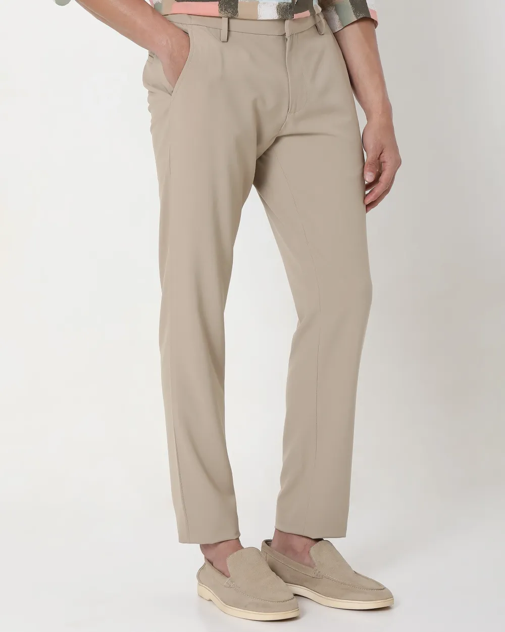 Classic Versatile Soft Slim-Fit Straight-Leg BeigeTrousers