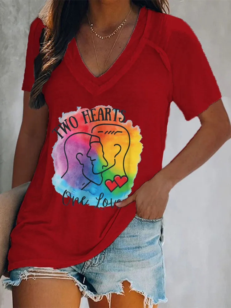 Women'S Two Hearts One Love V-Neck Short-Sleeved T-Shirt