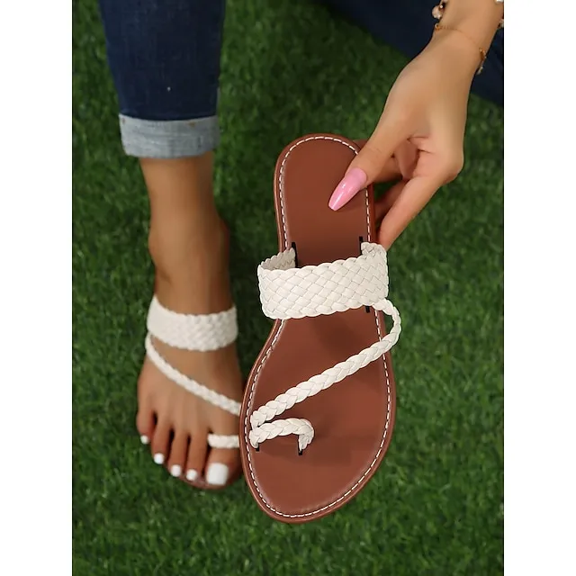 Women's Sandals Slippers Plus Size Daily Flat Heel Minimalism Faux Leather Dark Brown Black White