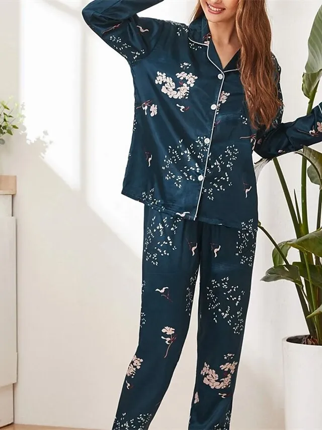 Women's Pajamas Sets Nighty Pjs 2 Pieces Heart Stripe Fashion Comfort Home Satin Lapel Long Sleeve Pant Button Fall Spring Light Pink Green / Silk / Flower / Feather