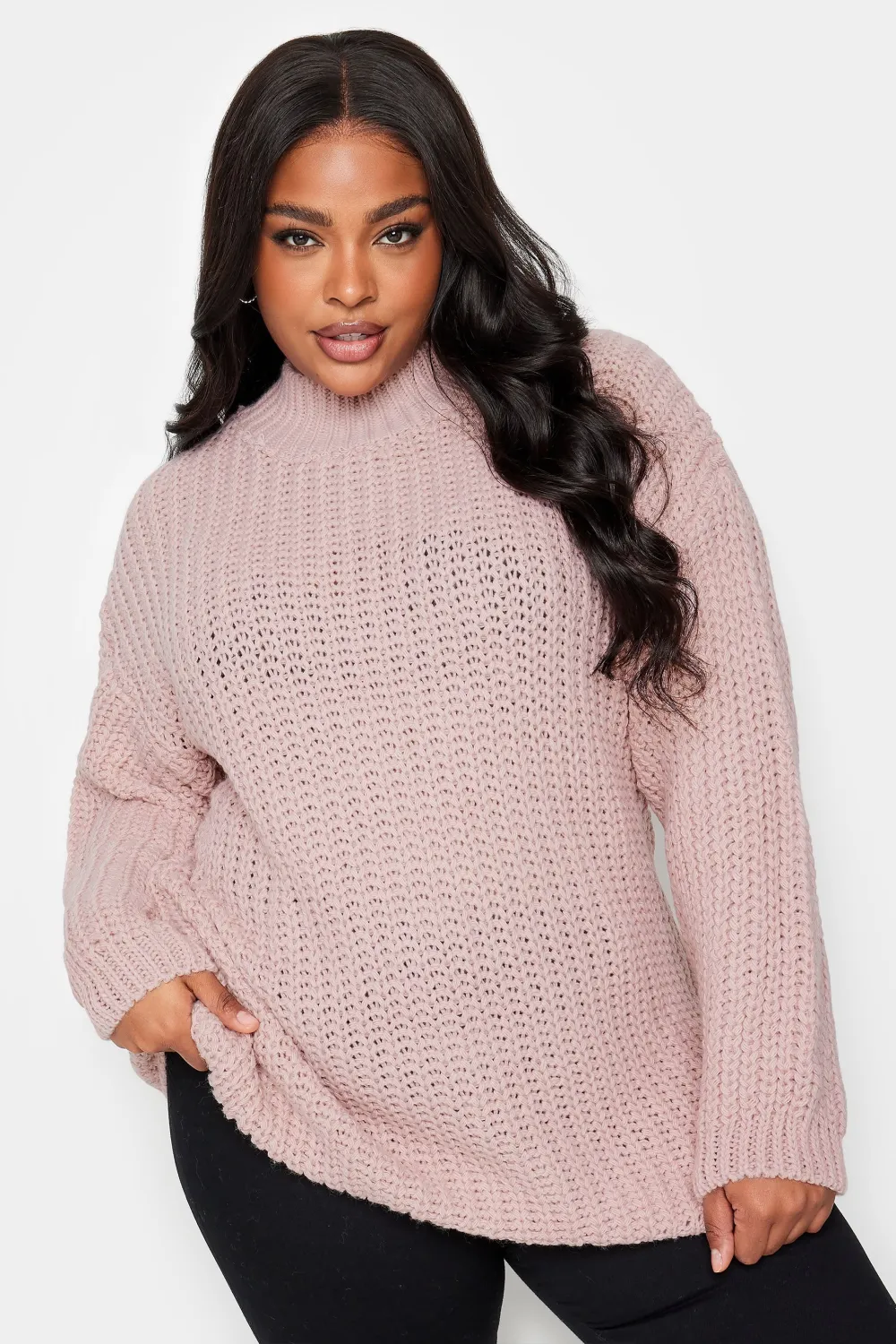 YOURS Curve Pink Funnel Neck Oversized Knitted Jumper