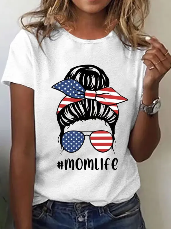Women'S T-Shirt Women'S Mother Life Print Casual T-Shirt Pure Cotton Round Neck Print Short Sleeve