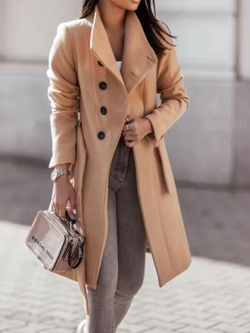 Belted open front button long sleeve coat