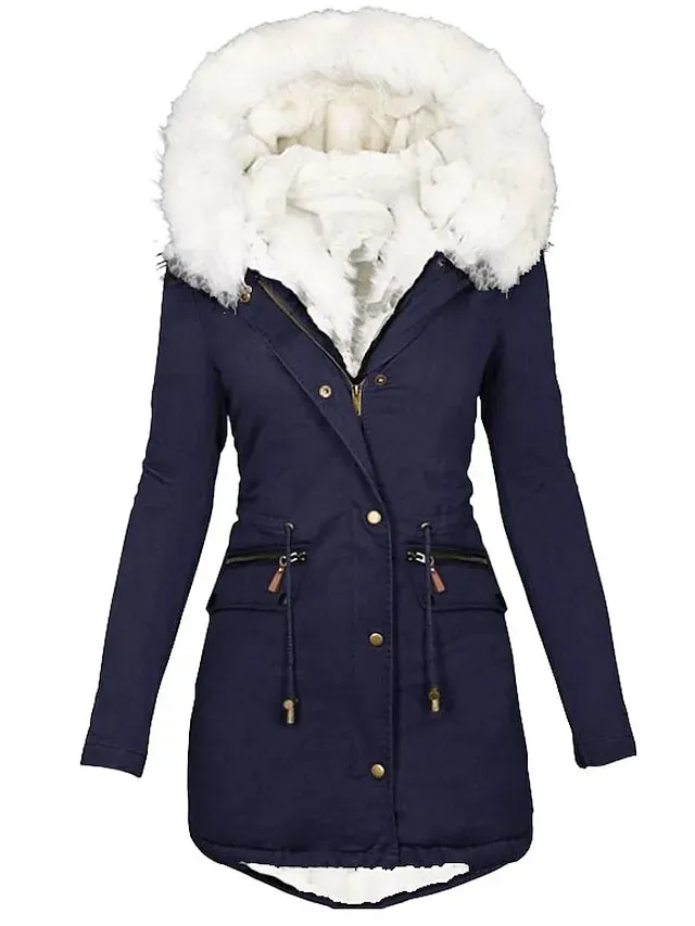 Women's Parka Fleece Lined Puffer Jacket Thicken Winter Coat with Fur Collar Hood Thermal Warm Heated Jacket with Pockets Fall Windproof Zipper Drawstring Outerwear Long Sleeve