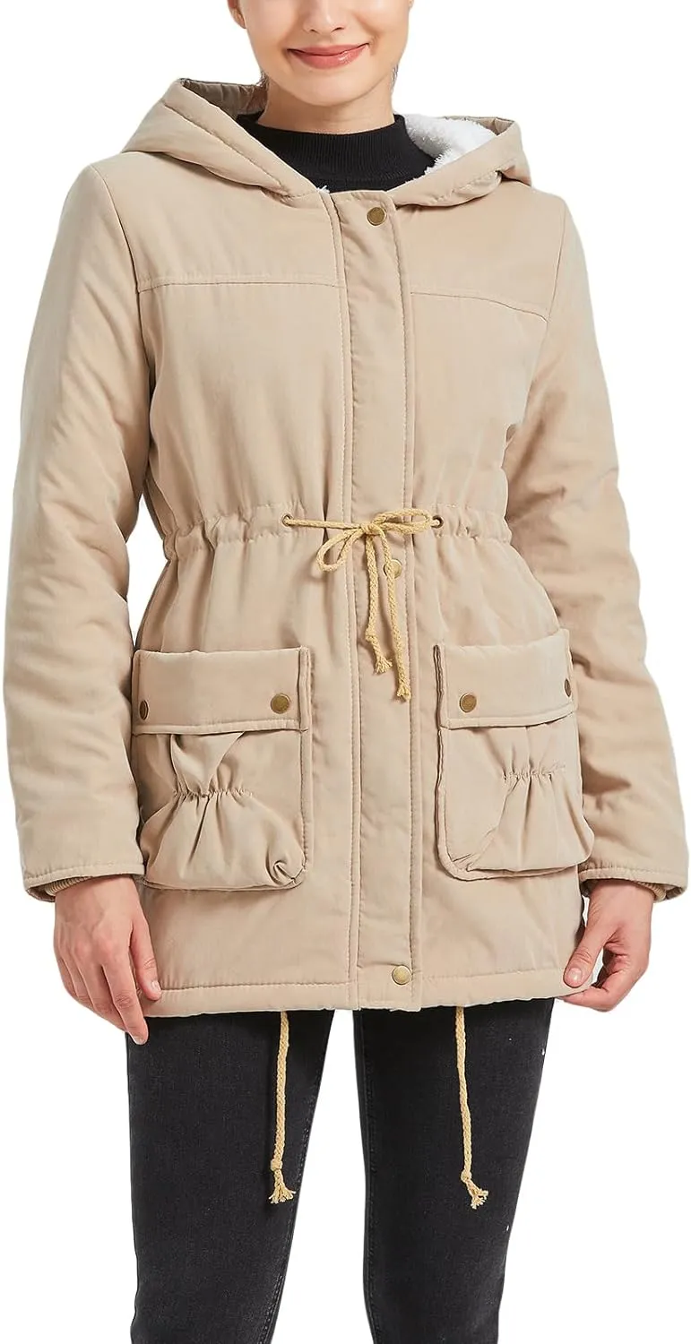 Women's Winter Mid Length Thick Warm Faux Lamb Wool Lined Jacket Coat