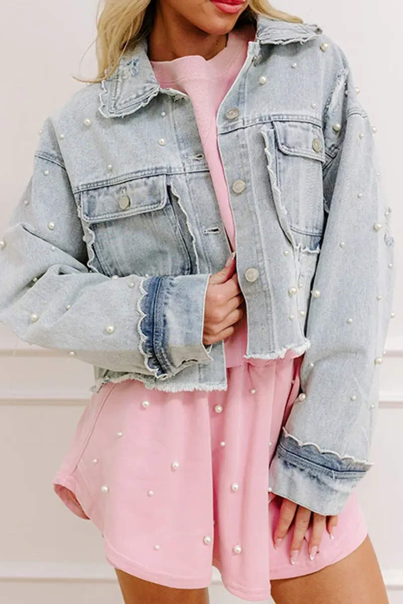 Girly Pearl Embellished Women's Denim Jacket