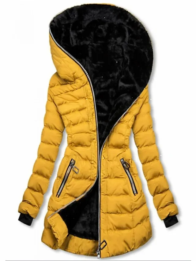 Women's Puffer Jacket Long Full Zip Pocket Button Coat Black Yellow Silver Red Casual Street Fall Zipper Hoodie Loose S M L XL XXL / Daily / Warm / Breathable / Solid Color / Lined
