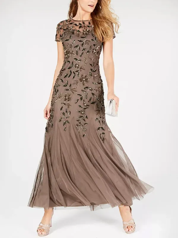 Round neck solid sequin midi dress