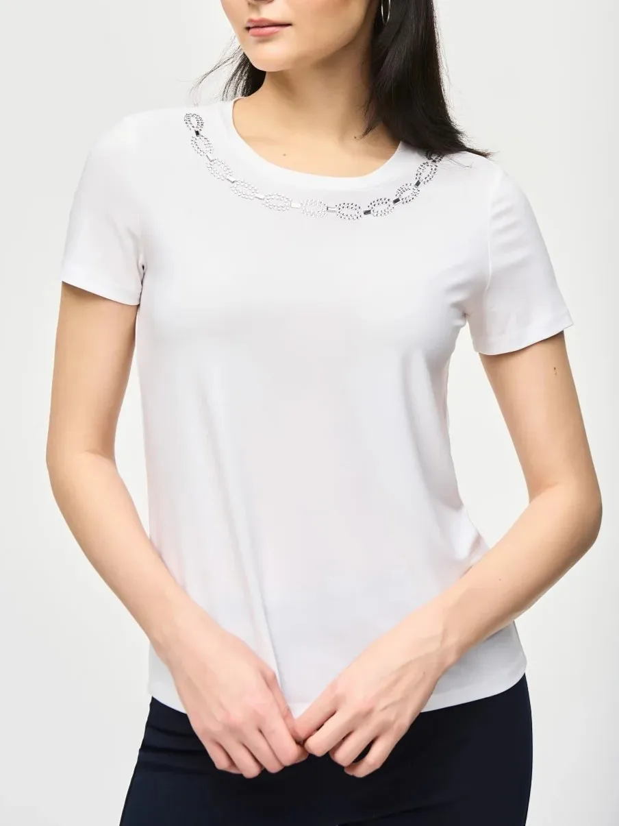 White Embellished Neckline T - Shirt