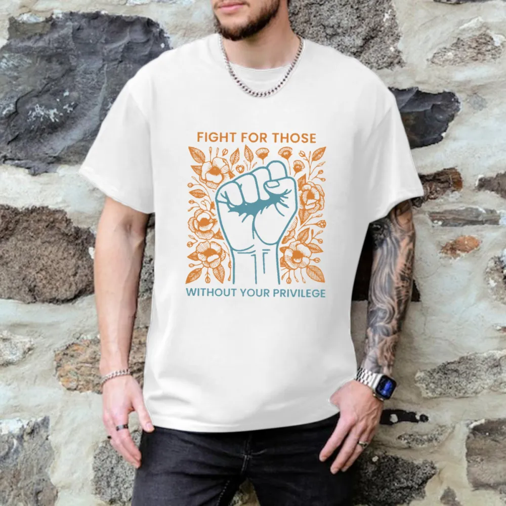 Men'S T-Shirts Fight For The Unprivileged, Letter Pattern Printed T-Shirts, Pure Cotton Round-Neck Tops