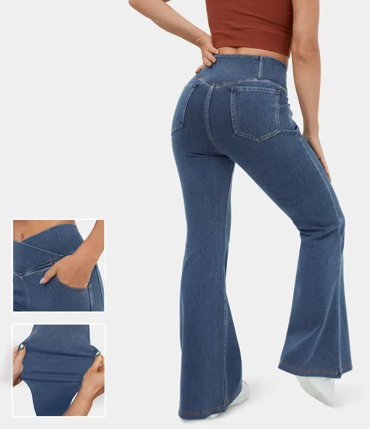 High Waisted Crossover Pocket Washed Stretchy Knit Denim Casual Super Flare Pants