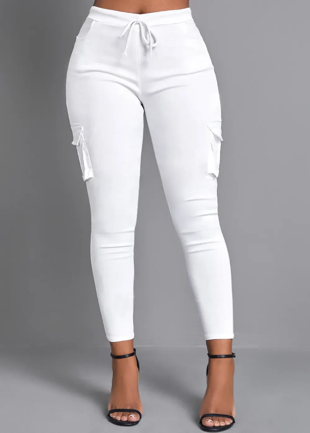 White Pocket Skinny Drawastring High Waisted Pants