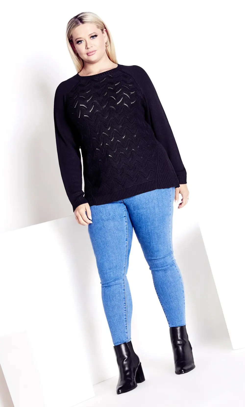 Evans Black Open Knit Front Jumper