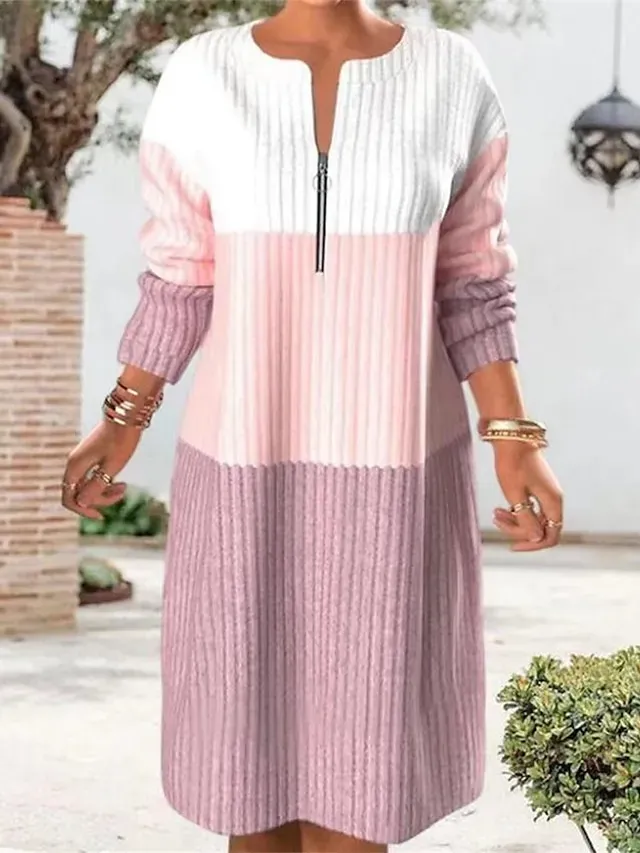 Women's Sweater Dress Jumper Dress Winter Dress Midi Dress Knitwear Fashion Streetwear Color Block Outdoor Street Daily Vacation V Neck Long Sleeve Print Zipper 2023 Loose Fit Black Pink Peach M L XL