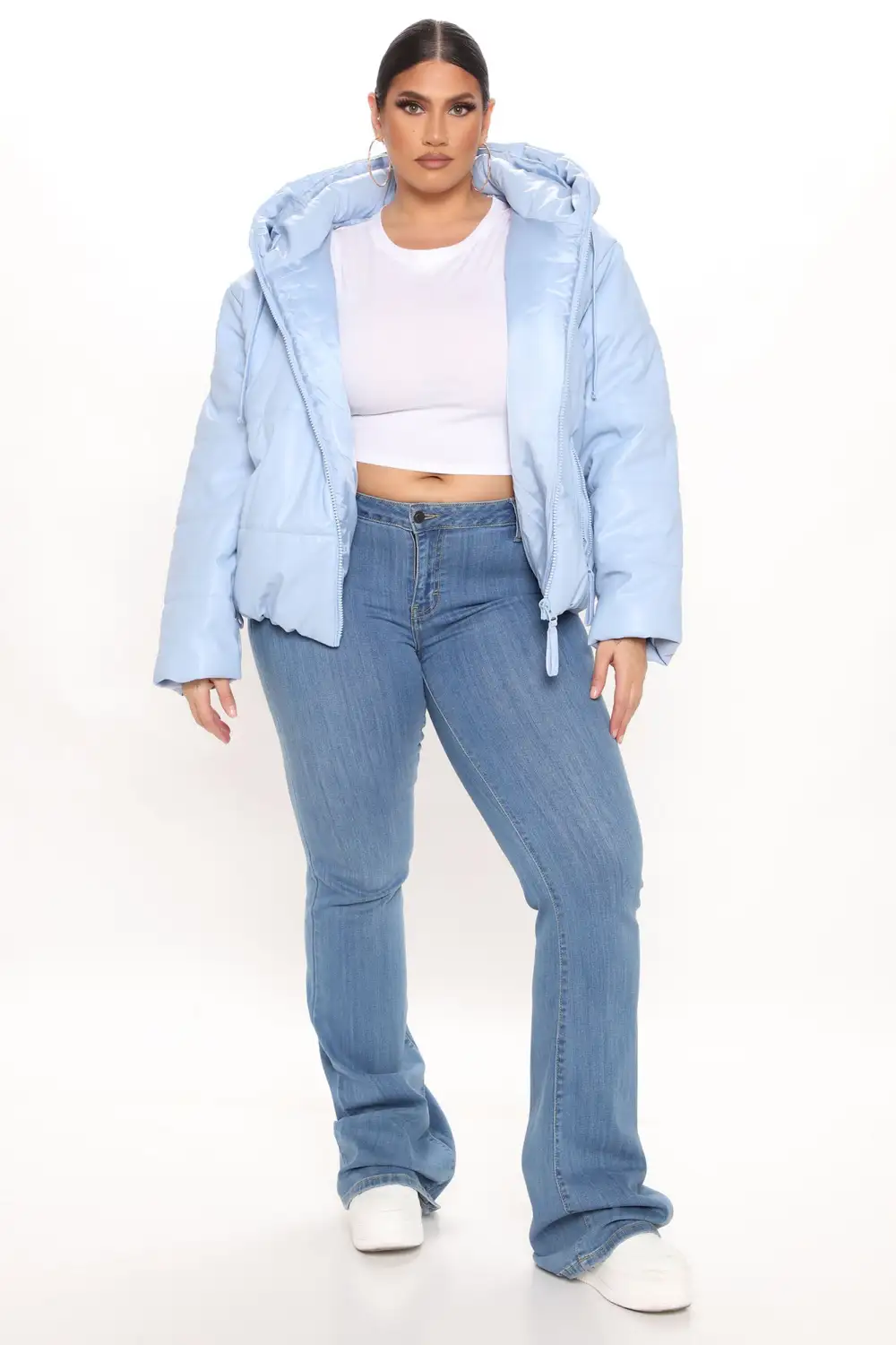 Fashion Finds Faux Leather Puffer Jacket - Light Blue