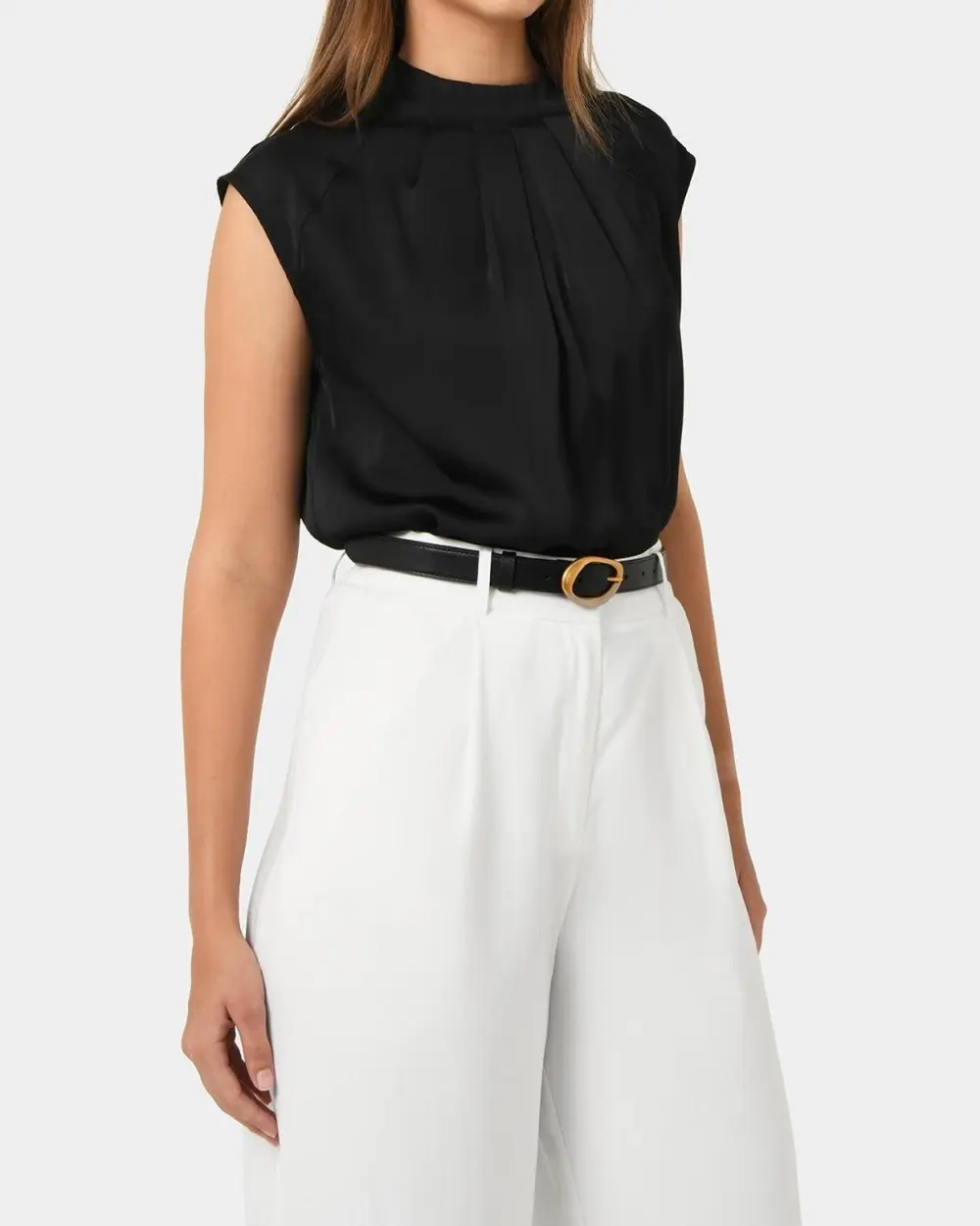 Crew Neck Pleated Satin Top