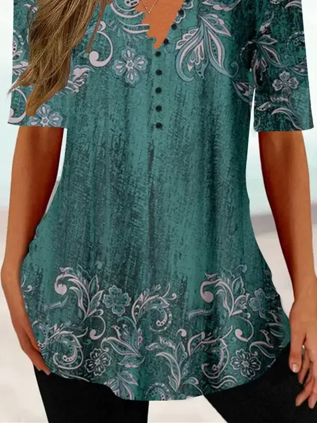 Women Half Sleeve V-neck Floral Printed Tops