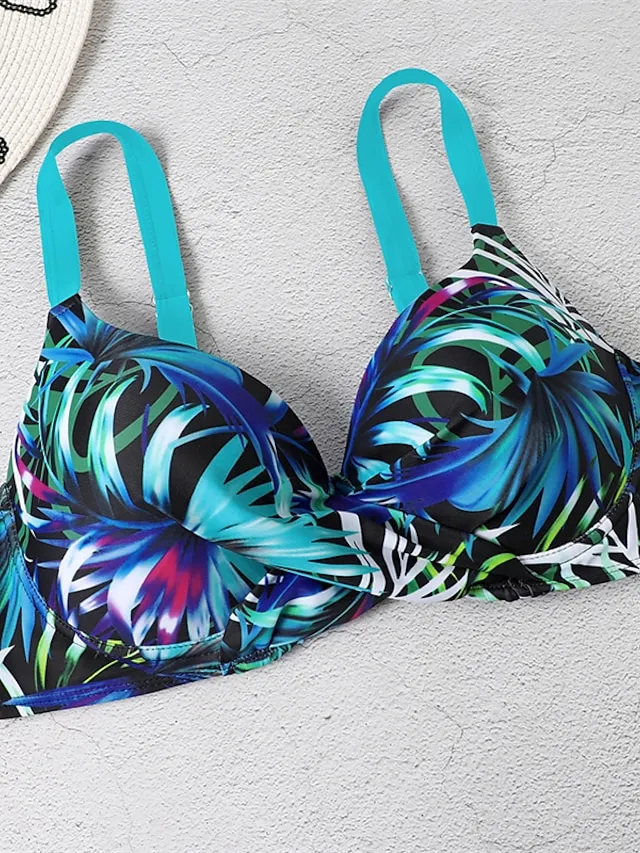 Women's Swimwear Bikini 2 Piece Normal Swimsuit Backless 2 Piece Push Up Sexy Printing Leaf Blue V Wire Bathing Suits New Vacation Beach Wear