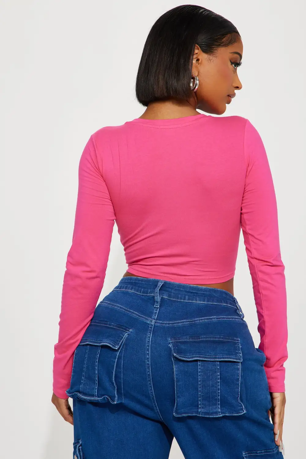 Carly V Neck Crop Long Sleeve Tee - Fuchsia