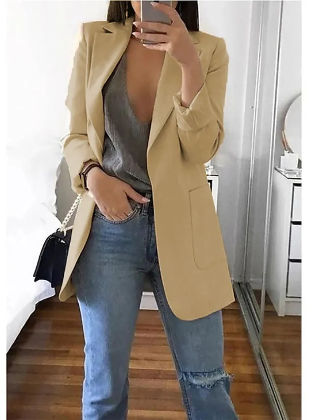 Women's Plus Size Curve Blazer Spring Work to Wear Office Jacket with Pocket Long Sleeve Peaked Lapel Fall Winter