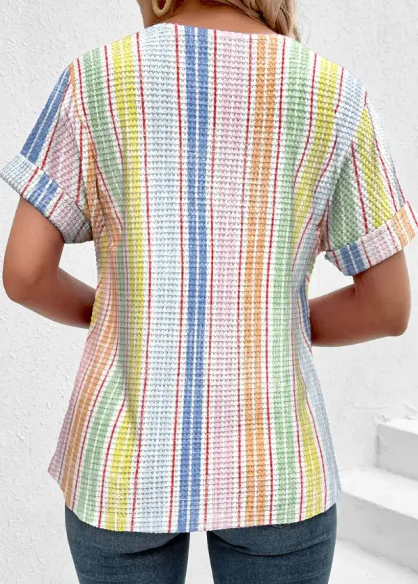 Multi Color Button Striped Short Sleeve T Shirt