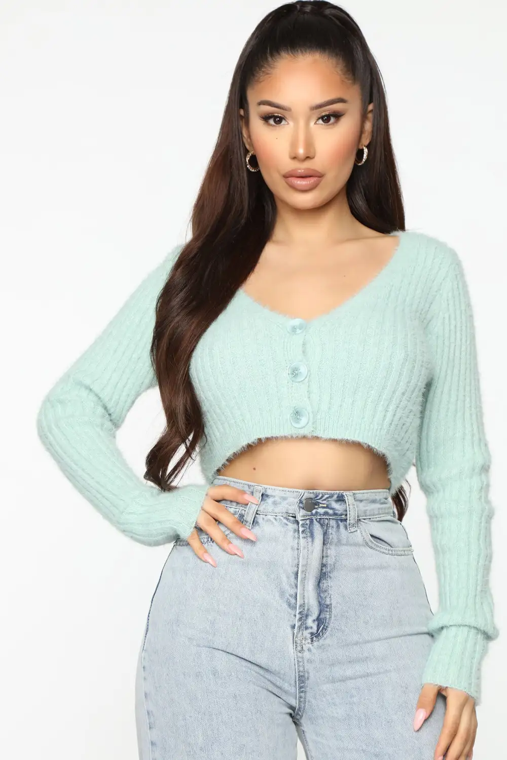 Premium Fuzzy Cropped Cardigan - Sage