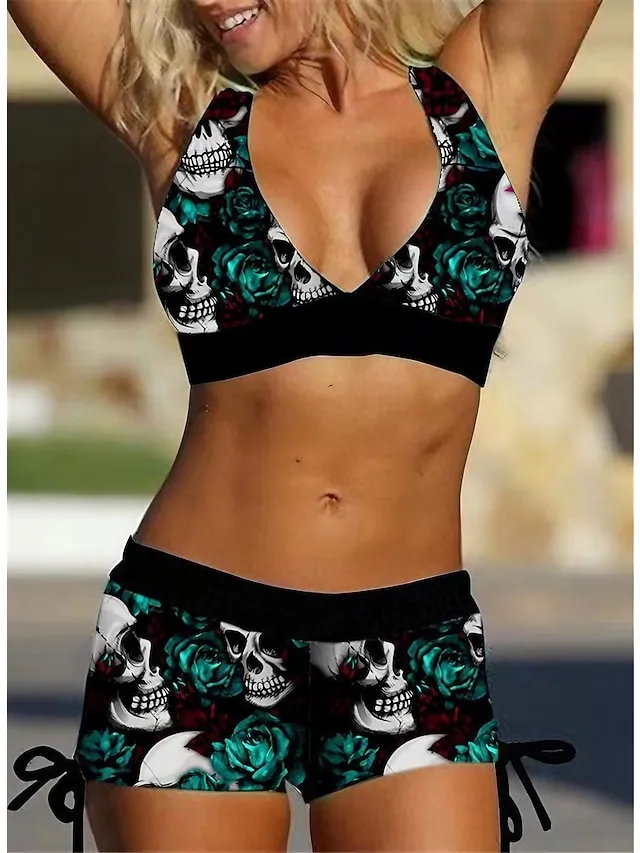 Women's Swimwear Bikini 2 Piece Plus Size Swimsuit Open Back Sexy Printing High Waisted for Big Busts Skull Blue Green Gray Tank Top V Wire Bathing Suits Sexy Vacation Fashion
