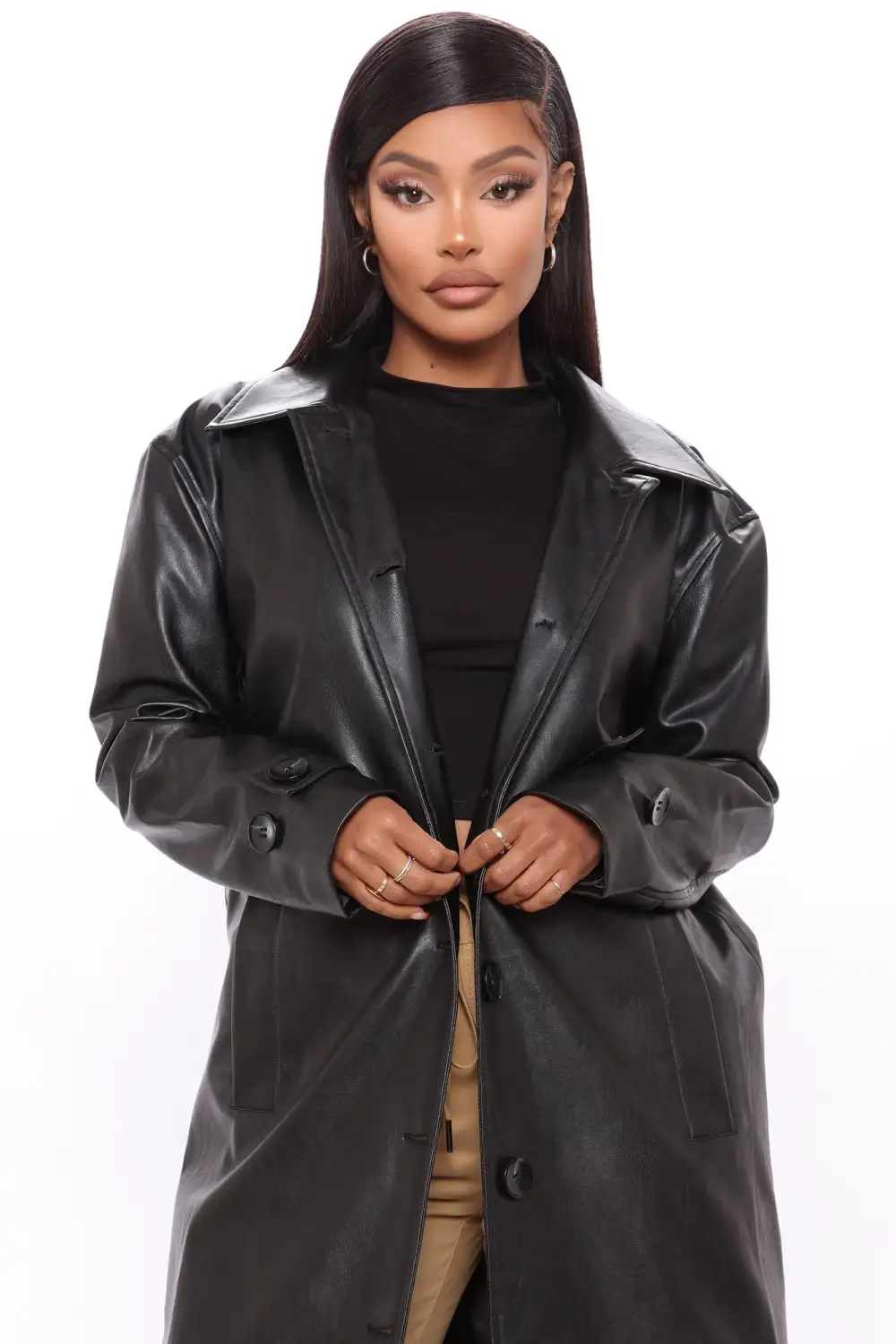 Gimme A Clue Faux Leather Trench Coat - Black