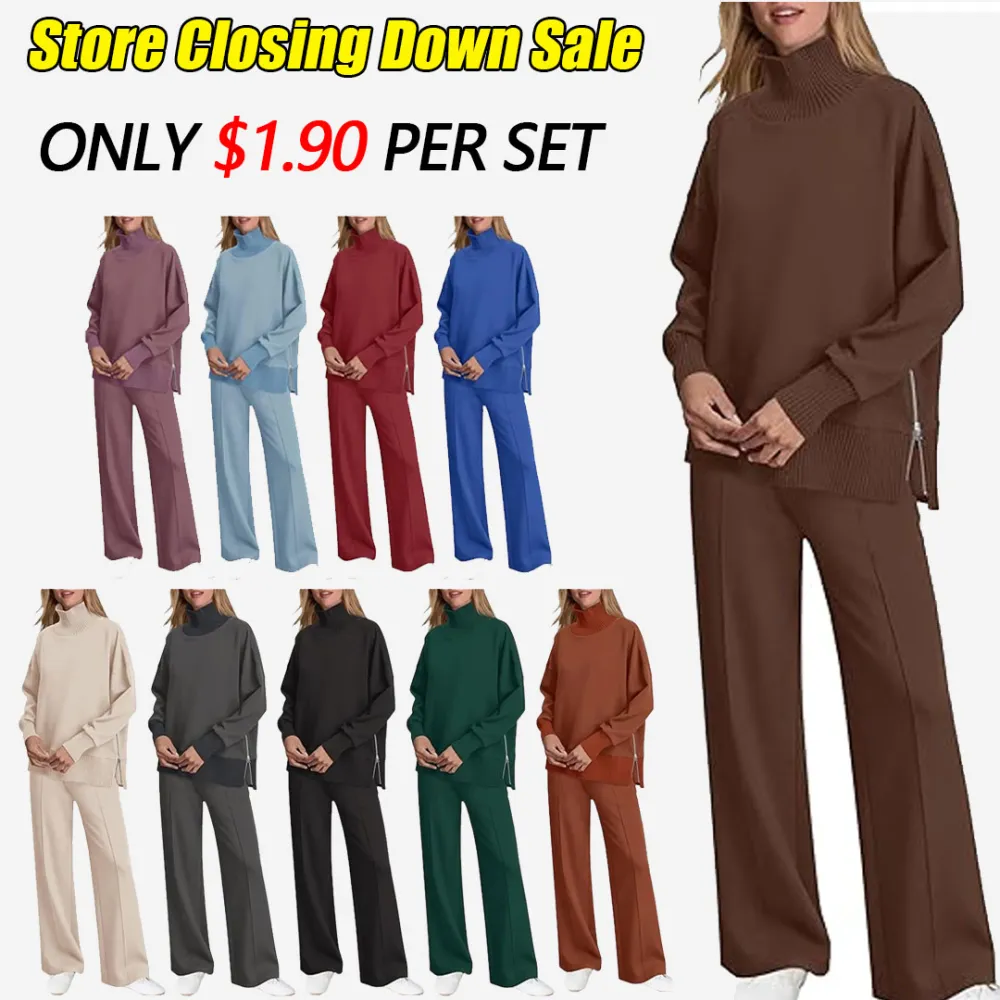 Women's 2-Piece Lounge Set 🧶 | Cozy Knit Turtleneck Top & Matching Pants Outfit