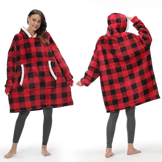 Women's Christmas Couple‘s Pajamas Nightgown Hoodie Blanket Wearable Blanket Grid / Plaid Pure Color Plush Simple Comfort Xmas Home Party Fleece Warm Gift Patchwork Pocket Fall Winter Black Gray
