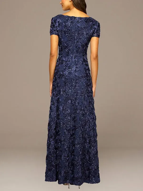 rosette lace cap sleeve a-line gown