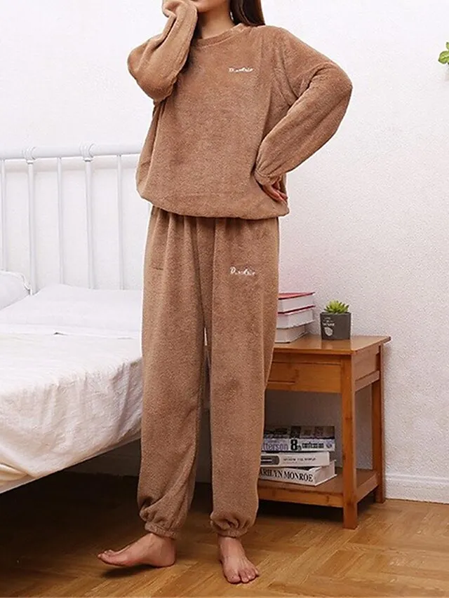 Women's Fleece Warm Loungewear Sets Fluffy Fuzzy Warm Pajama Letter Comfort Home Daily Bed Coral Fleece Coral Velvet Warm Crew Neck Long Sleeve Hoodie Pant Embroidery Fall Winter Pink Red